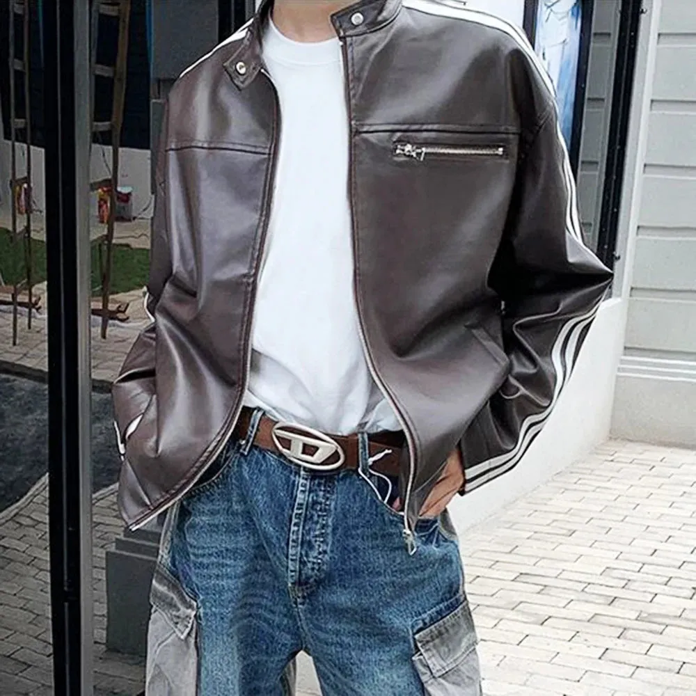 Aidase Mens Autumn Biker White Stripe Maillard Leather Jacket Genderless Trendy Retro Casual Street Simple Leather Jacket Unisex