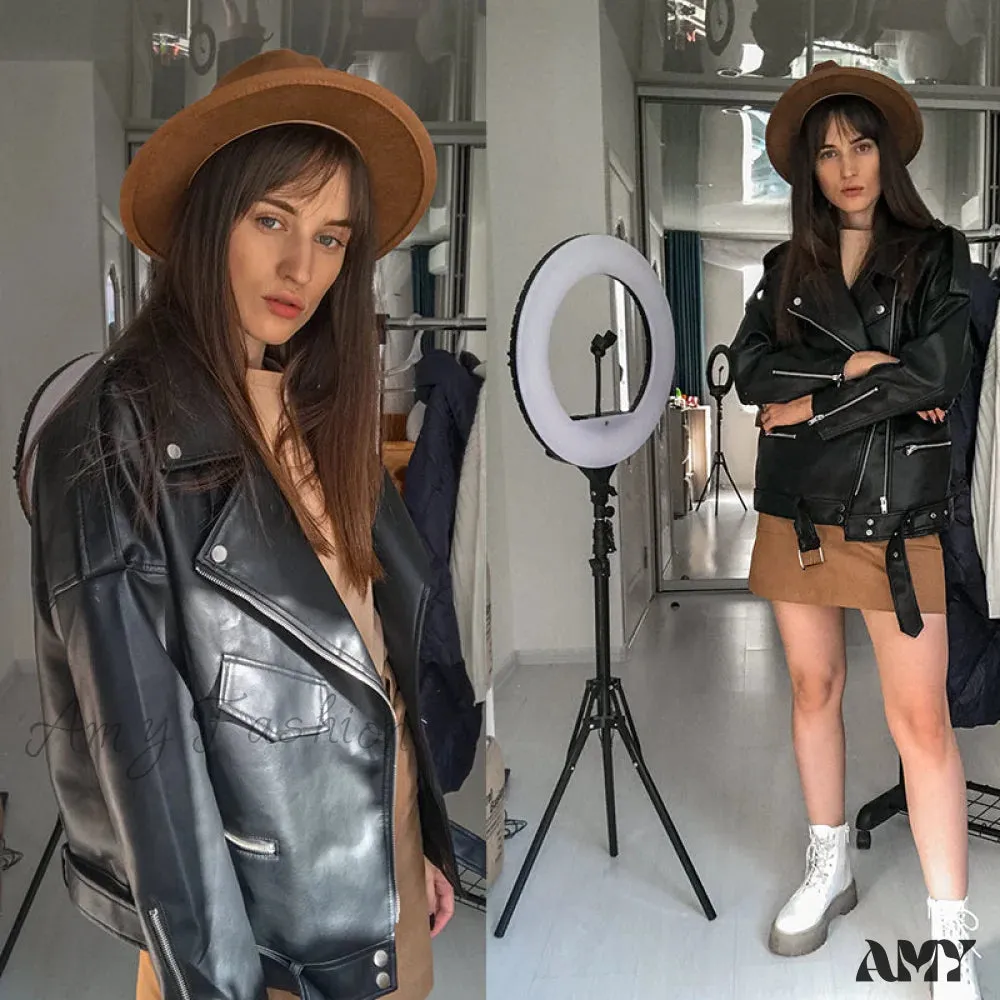 Amy Fashion - Loose Sashes Casual Biker Outwear Coat