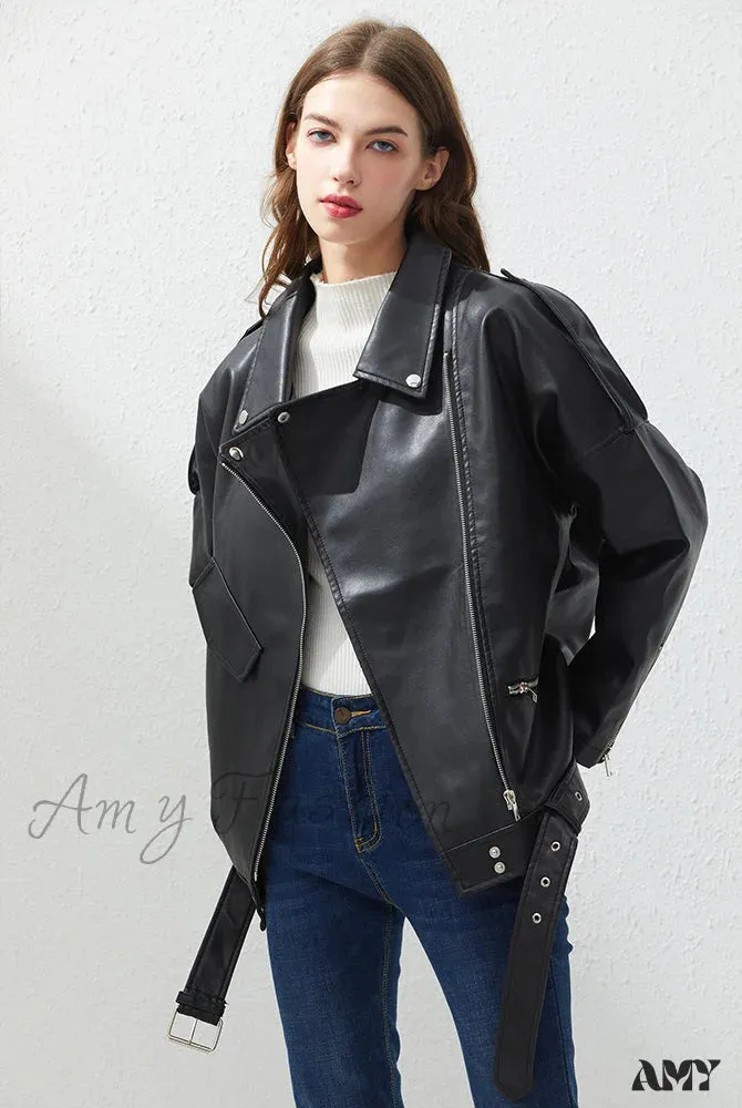 Amy Fashion - Loose Sashes Casual Biker Outwear Coat