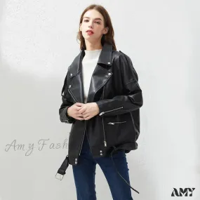 Amy Fashion - Loose Sashes Casual Biker Outwear Coat