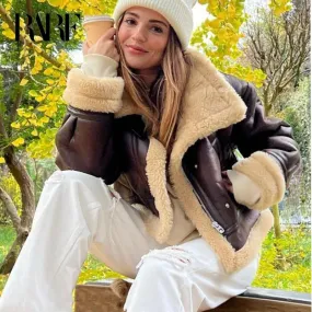 Back To School Joskaa 2024 New Autumn Winter Women Faux Lamb Fur Short Jacket Vintage Female Moto Biker Zipper Thick Warm Coat Fleece Outwear