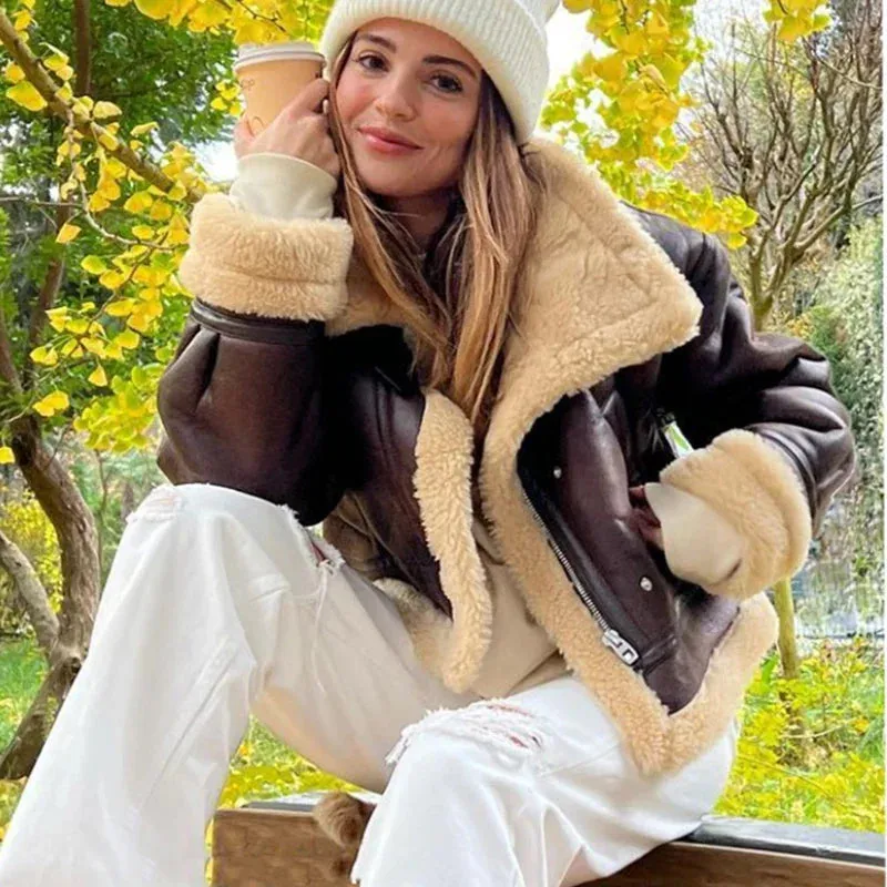 Back To School Joskaa 2024 New Autumn Winter Women Faux Lamb Fur Short Jacket Vintage Female Moto Biker Zipper Thick Warm Coat Fleece Outwear