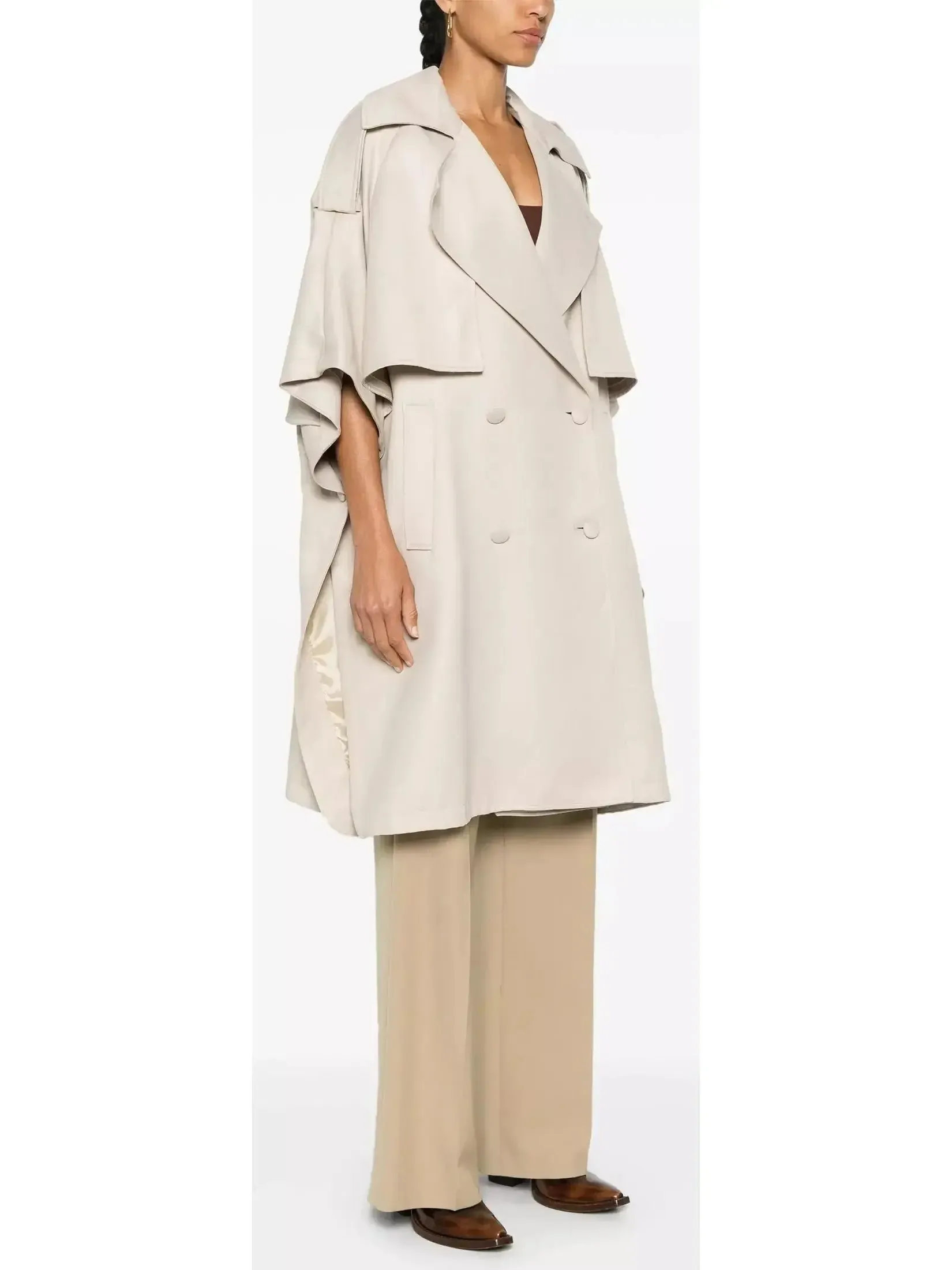 Beige Double-Breasted Short-Sleeve Cape Trench Coat