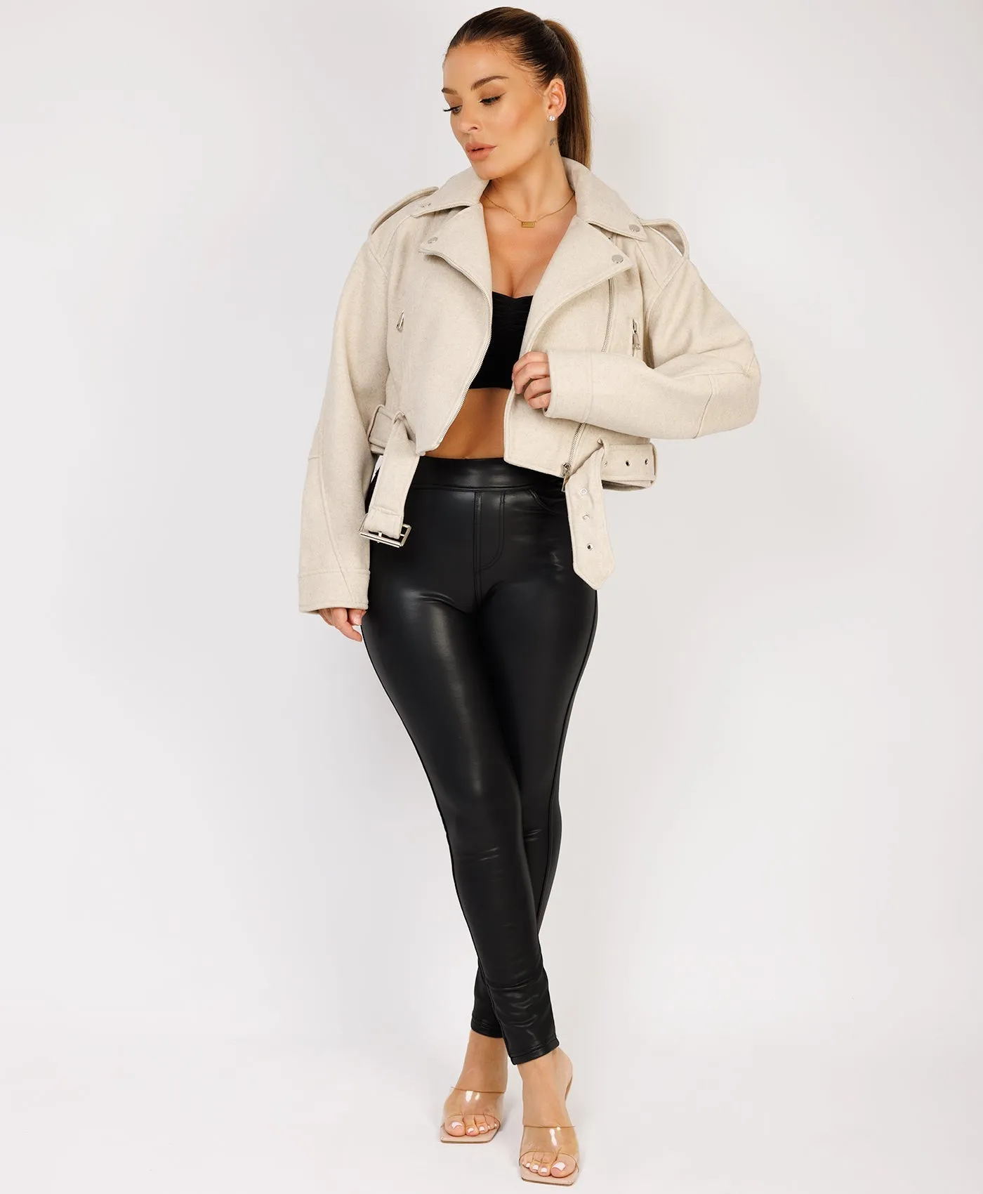 Beige Vegan Faux Wool Brushed Biker Jacket