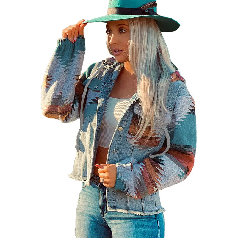 Blue Denim Jacket Long Sleeve Hooded Bohemian Style Jacket