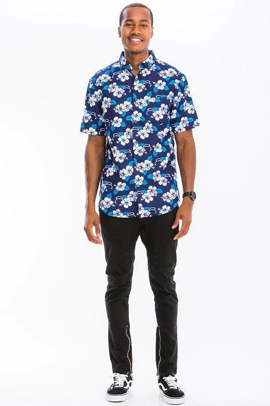 Blue Multi Print Hawaiian Button Down Shirt