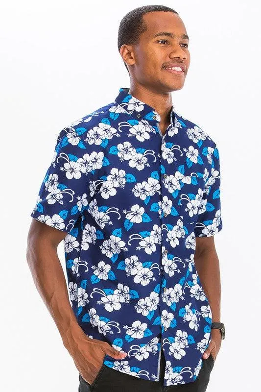 Blue Multi Print Hawaiian Button Down Shirt