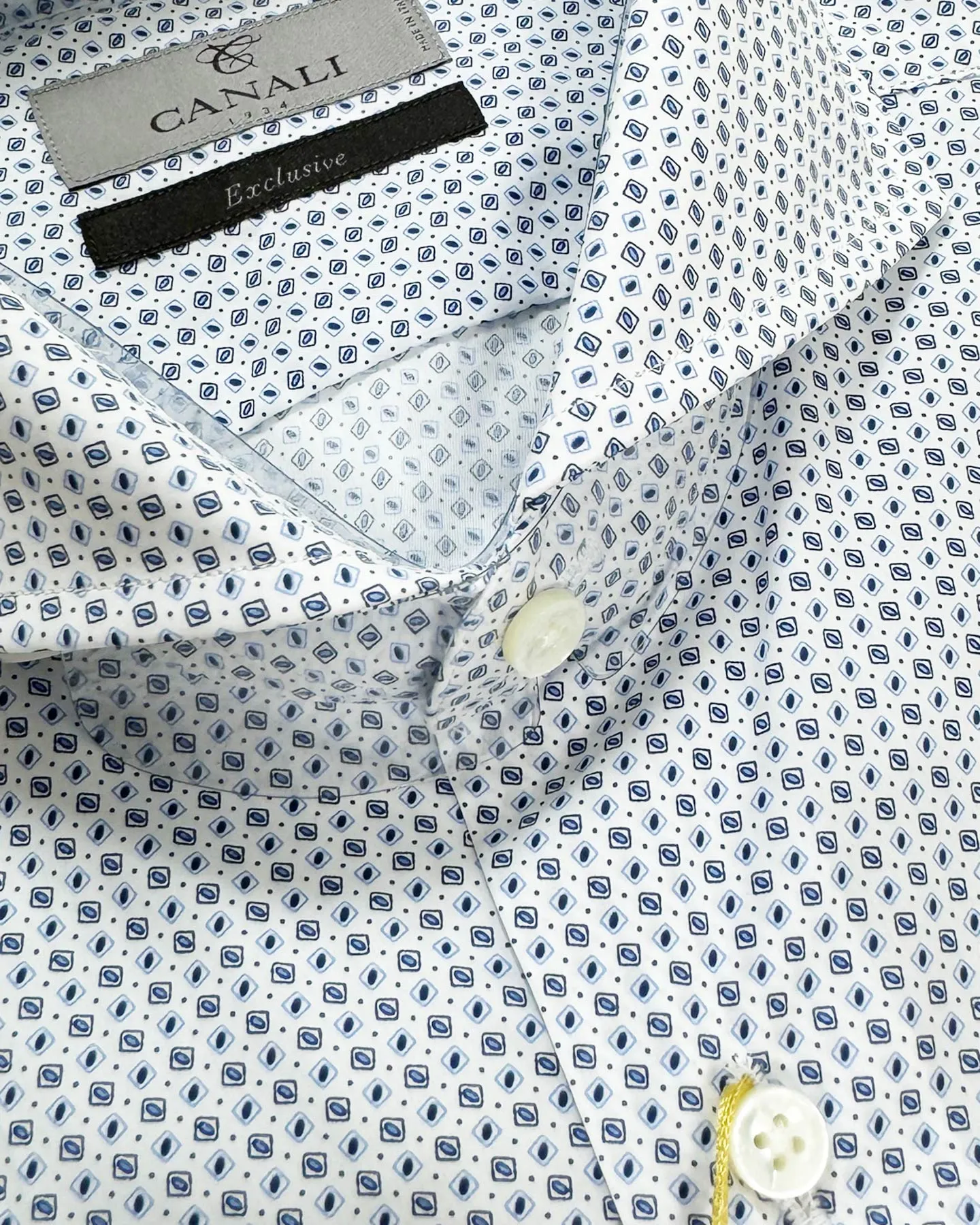 Canali Dress Shirt White Blue Navy Micro Design - Exclusive Collection 38 - 15