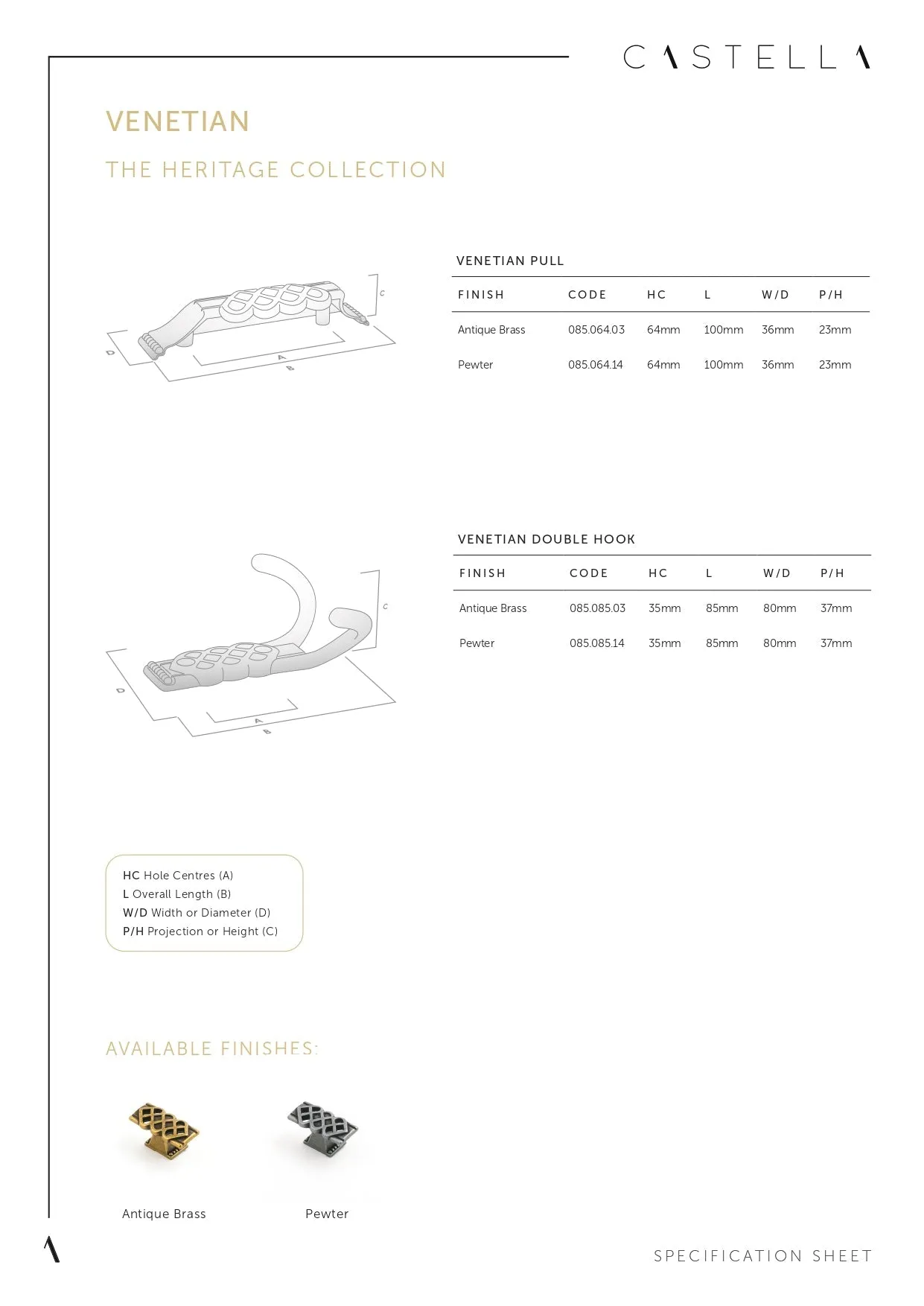 CASTELLA VENETIAN CABINET DOUBLE HOOK 86MM