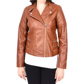 Chestnut Leather Biker Jacket for Women Asymmetrical Zip Diamond Quilted Trendy Style Lila