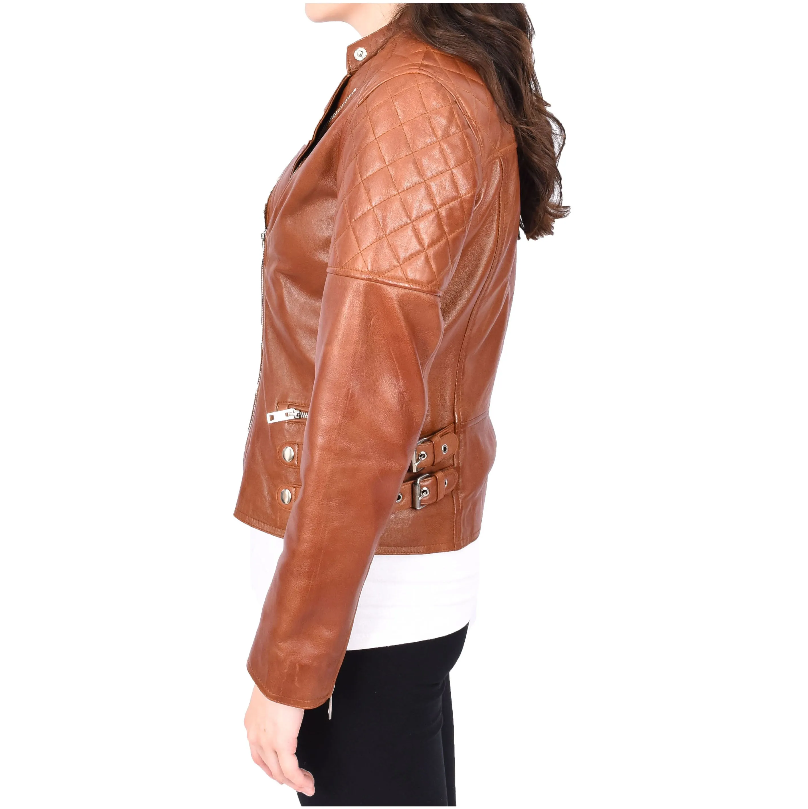 Chestnut Leather Biker Jacket for Women Asymmetrical Zip Diamond Quilted Trendy Style Lila