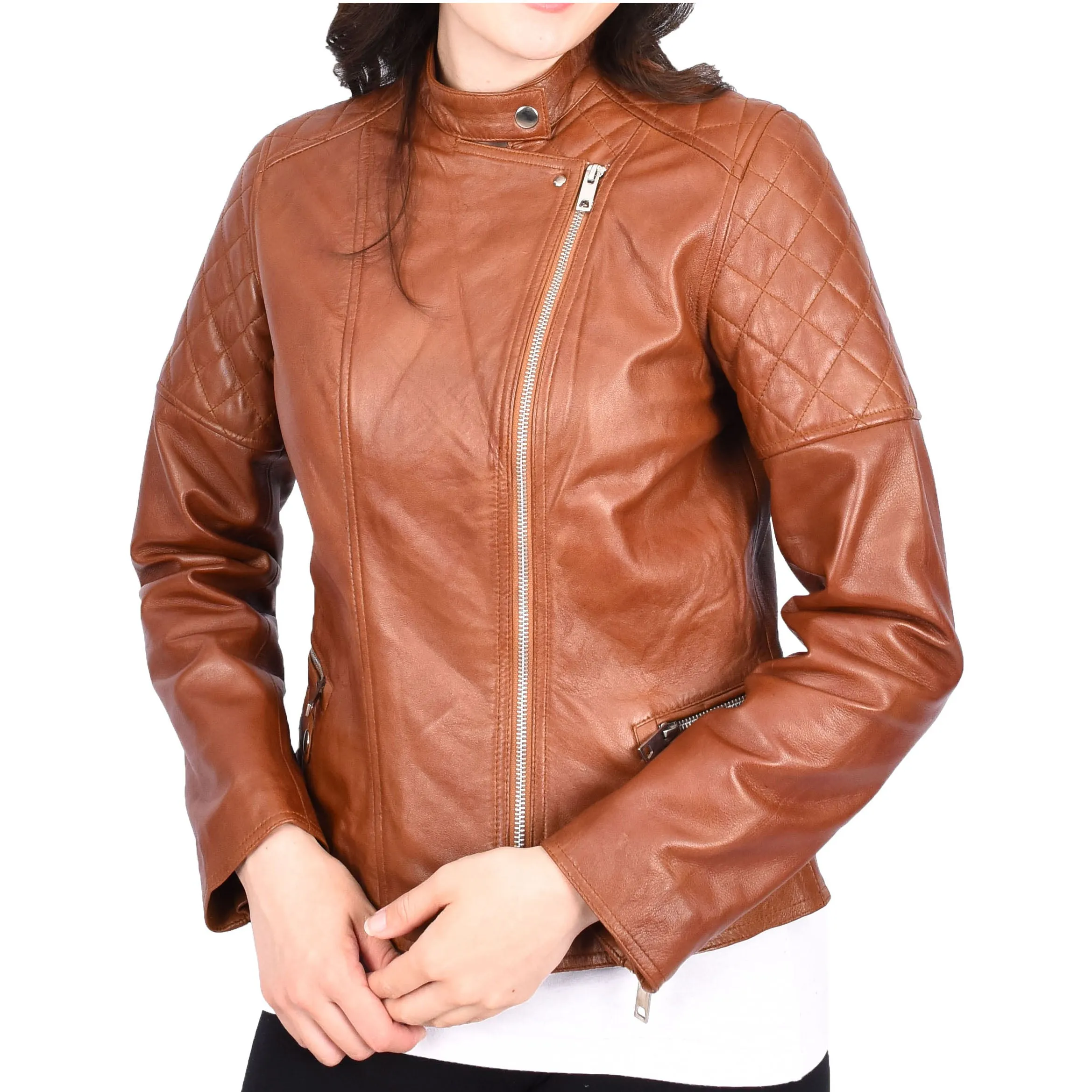 Chestnut Leather Biker Jacket for Women Asymmetrical Zip Diamond Quilted Trendy Style Lila