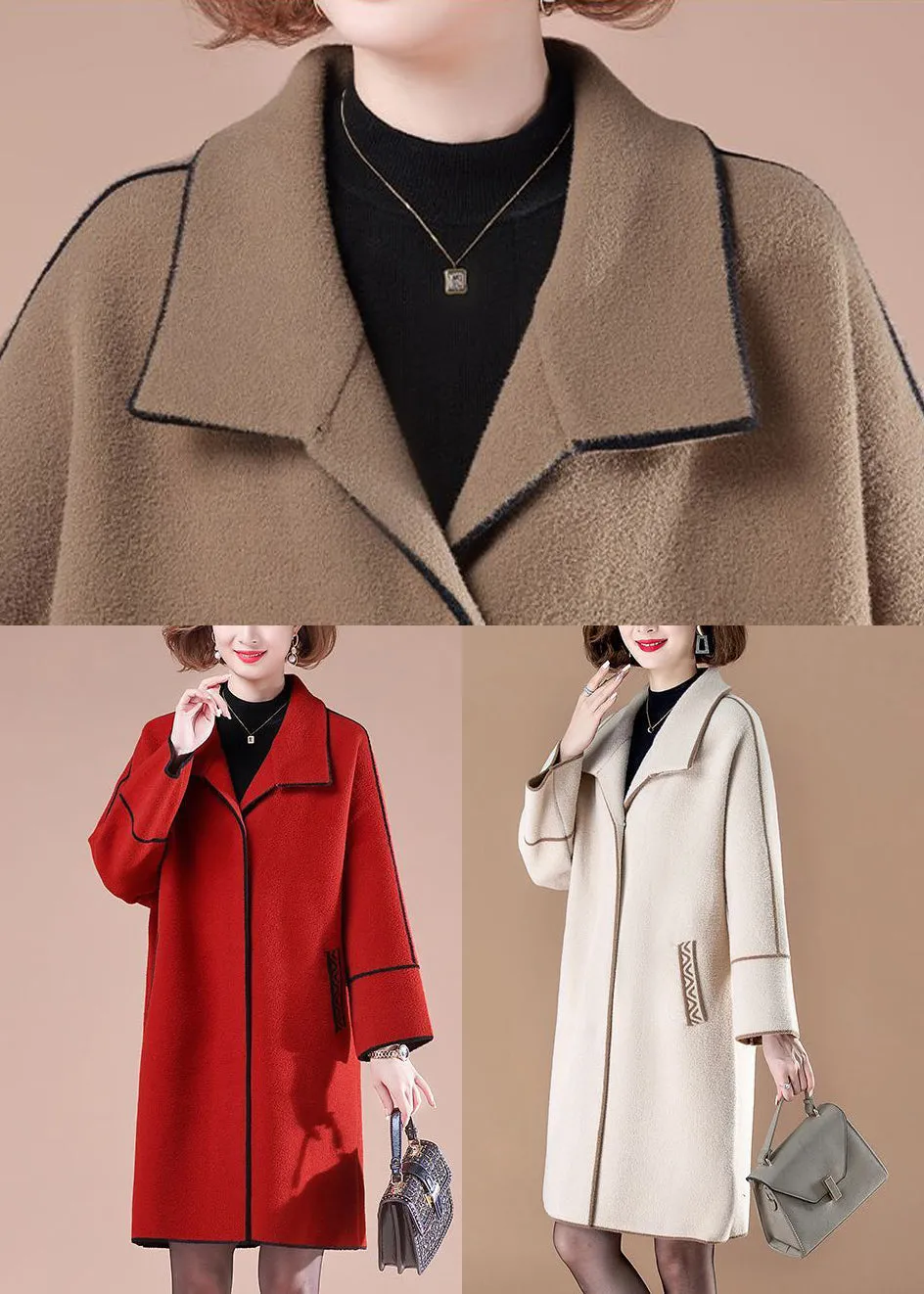 Coffee Patchwork Woolen Trench Coats Oversized Winter LY9427