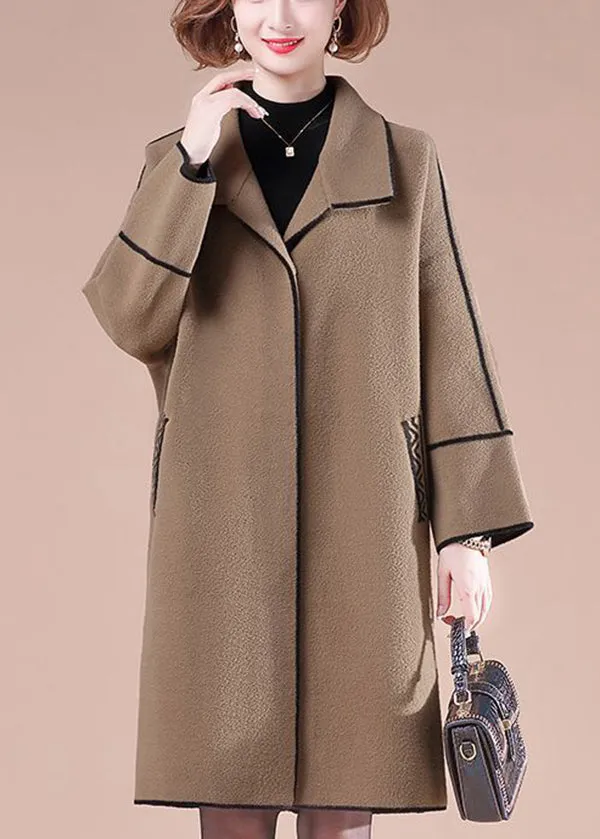 Coffee Patchwork Woolen Trench Coats Oversized Winter LY9427