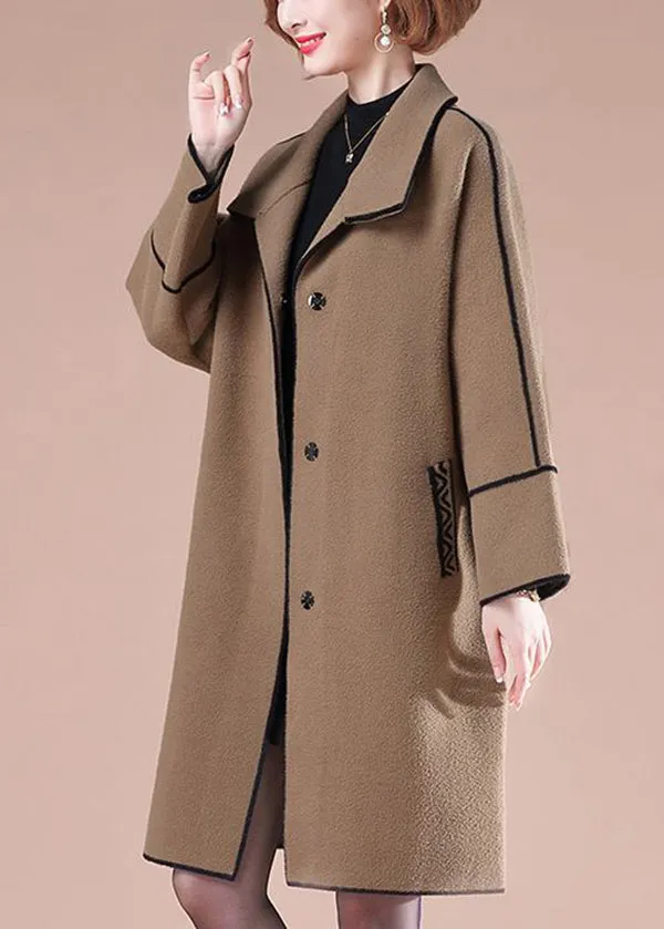 Coffee Patchwork Woolen Trench Coats Oversized Winter LY9427