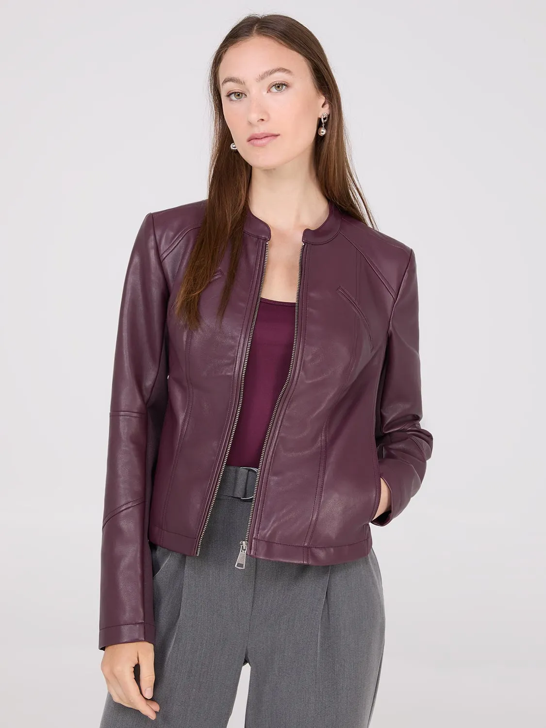 Collarless Faux Leather Jacket