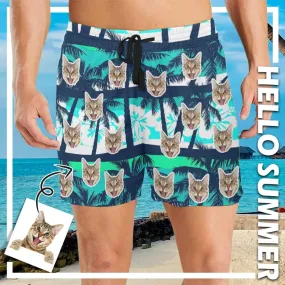 Custom Face Coconut Trees Men's Quick Dry Swim Shorts Men's Print Cat Face Personalized Swim Trunks