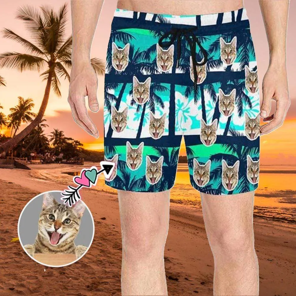 Custom Face Coconut Trees Men's Quick Dry Swim Shorts Men's Print Cat Face Personalized Swim Trunks