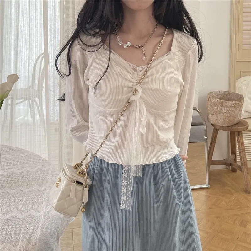 deanwangkt Autumn White Kawaii Lolita Female Blouse Lace Japanese Sweet Long Slevee Tops Women Knitted Casual Korean Designer Clothing