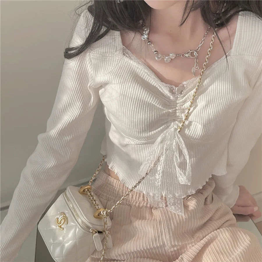 deanwangkt Autumn White Kawaii Lolita Female Blouse Lace Japanese Sweet Long Slevee Tops Women Knitted Casual Korean Designer Clothing