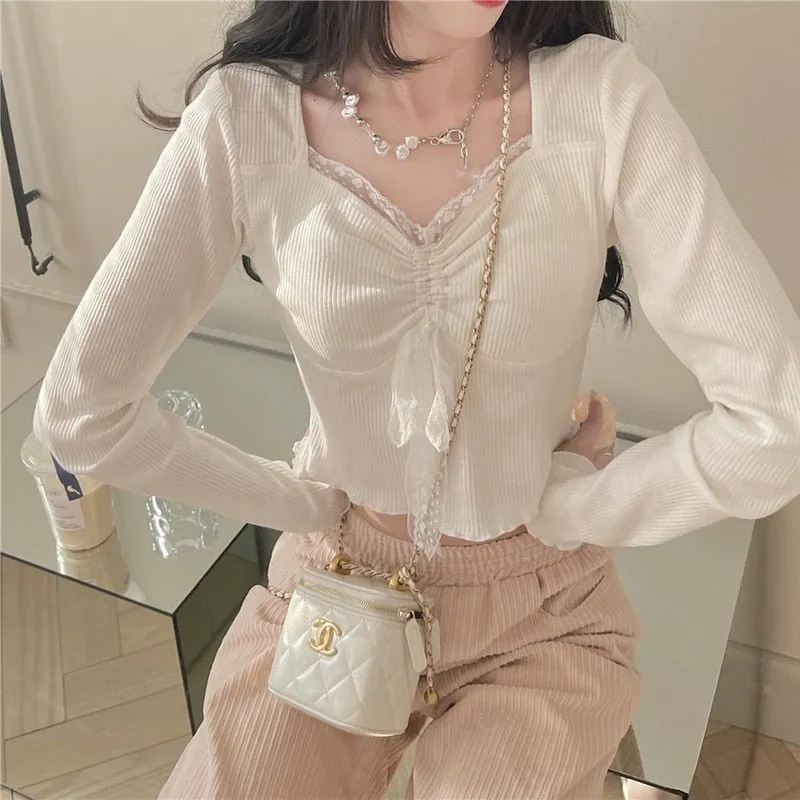 deanwangkt Autumn White Kawaii Lolita Female Blouse Lace Japanese Sweet Long Slevee Tops Women Knitted Casual Korean Designer Clothing