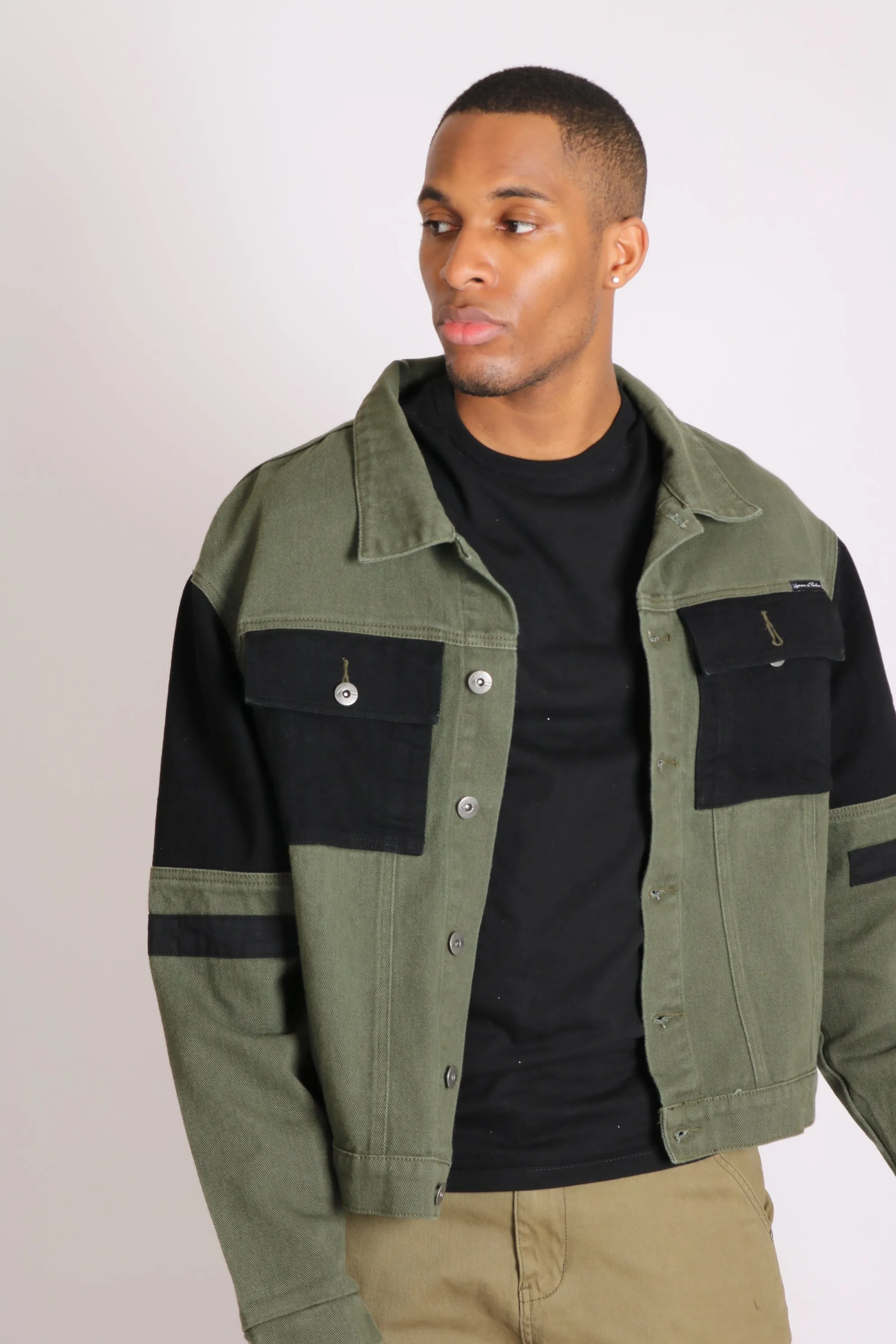 Faro Oversized Black & Khaki Contrast Utility Denim Jacket