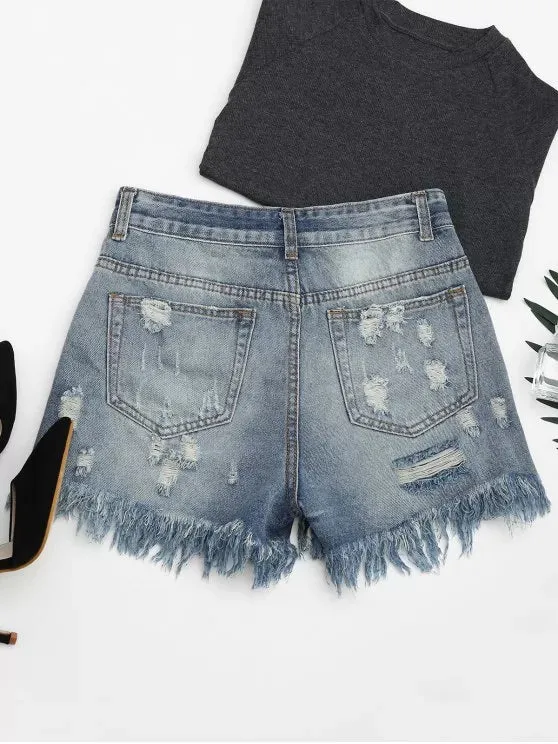 Fashion Ripped Cutoffs Butterfly Embroidered Denim Shorts