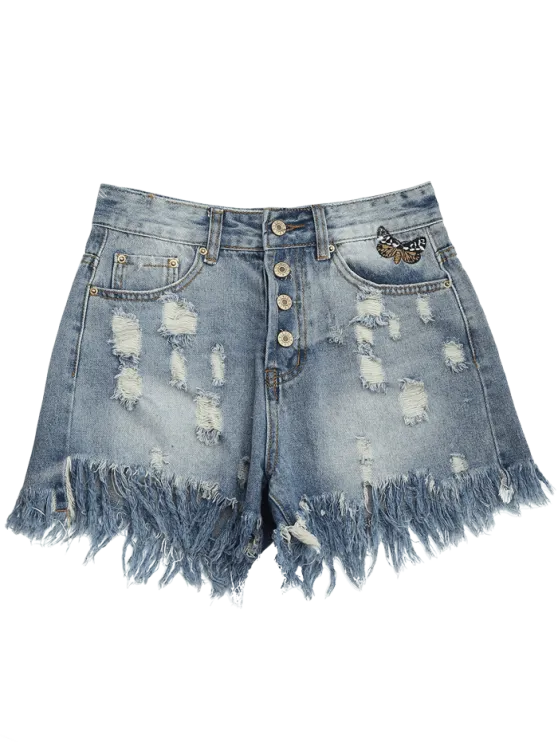 Fashion Ripped Cutoffs Butterfly Embroidered Denim Shorts