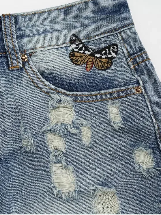 Fashion Ripped Cutoffs Butterfly Embroidered Denim Shorts