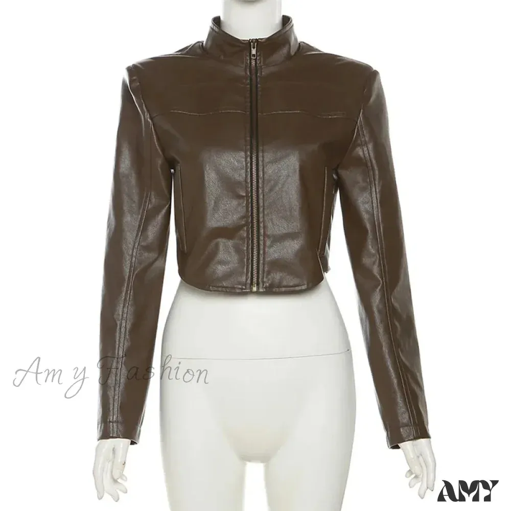 Faux Leather Cyber Y2k Grunge Goth Slim Crop Punk Mock Neck Streetwear Jacket