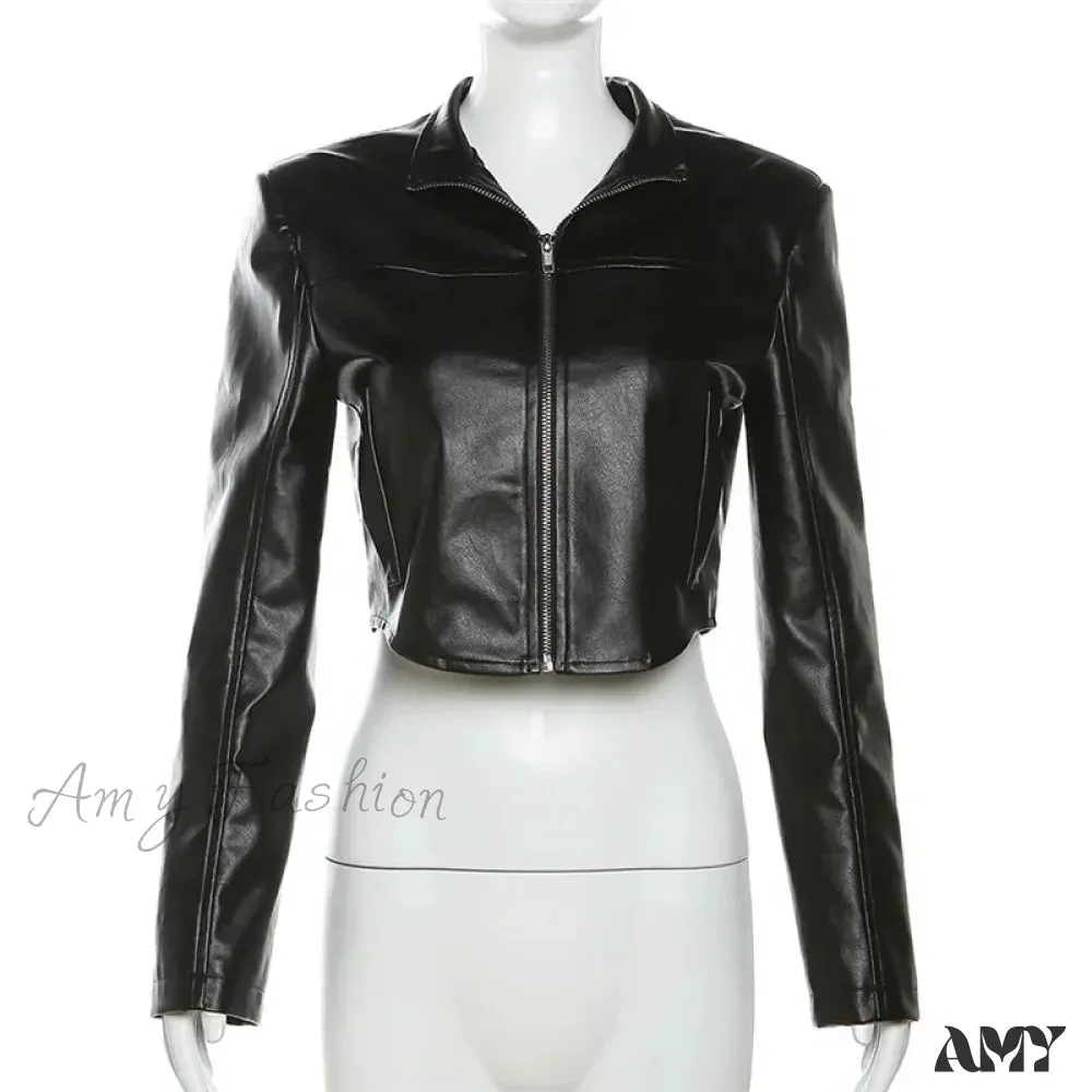 Faux Leather Cyber Y2k Grunge Goth Slim Crop Punk Mock Neck Streetwear Jacket