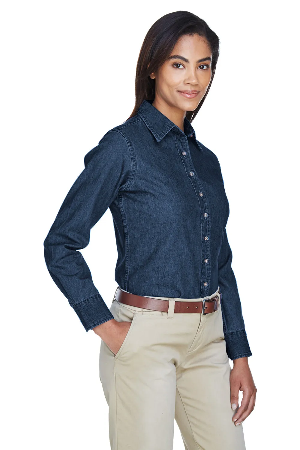 Harriton Womens Denim Long Sleeve Button Down Shirt - Dark Denim