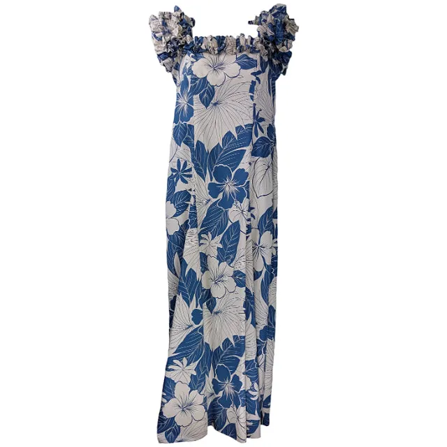 Hawaiian Muumuu Dress in Cream and Blue Hibiscus Print