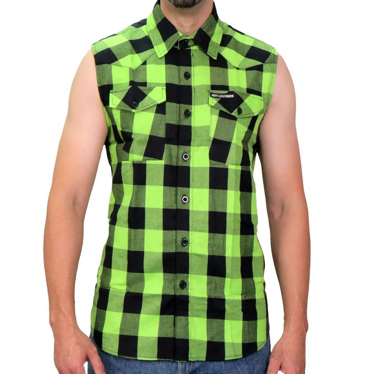 Hot Leathers FLM5002 Men’s Black and Green Sleeveless Cotton Flannel