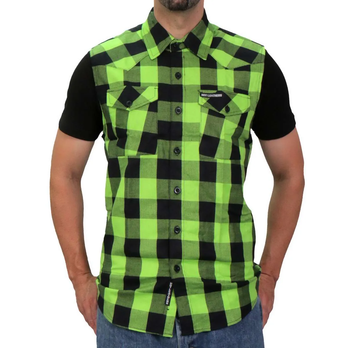 Hot Leathers FLM5002 Men’s Black and Green Sleeveless Cotton Flannel