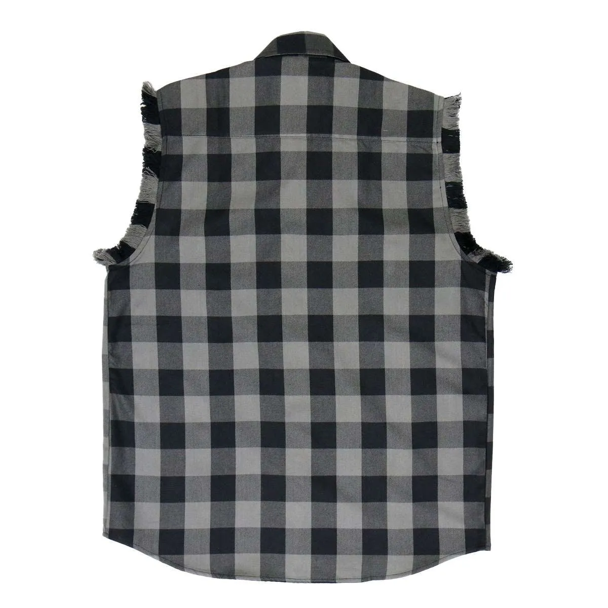 Hot Leathers FLM5203 Men's Sleeveless Fringe Grey and Black Flannel Shirt