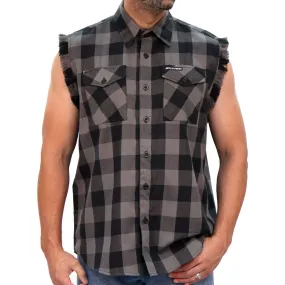 Hot Leathers FLM5203 Men's Sleeveless Fringe Grey and Black Flannel Shirt