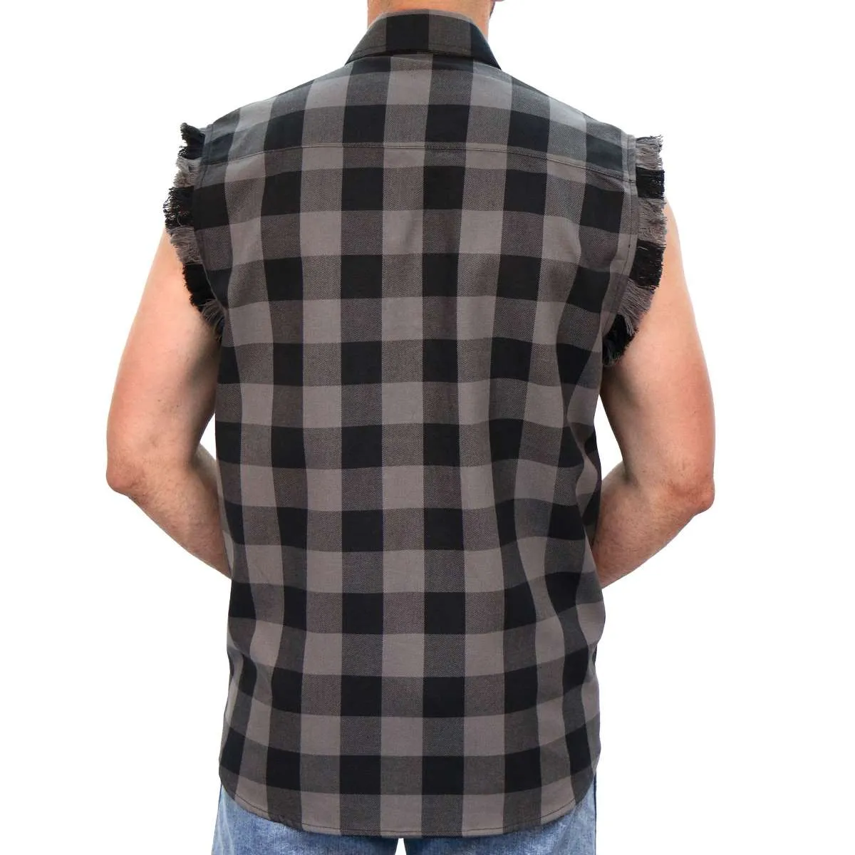 Hot Leathers FLM5203 Men's Sleeveless Fringe Grey and Black Flannel Shirt