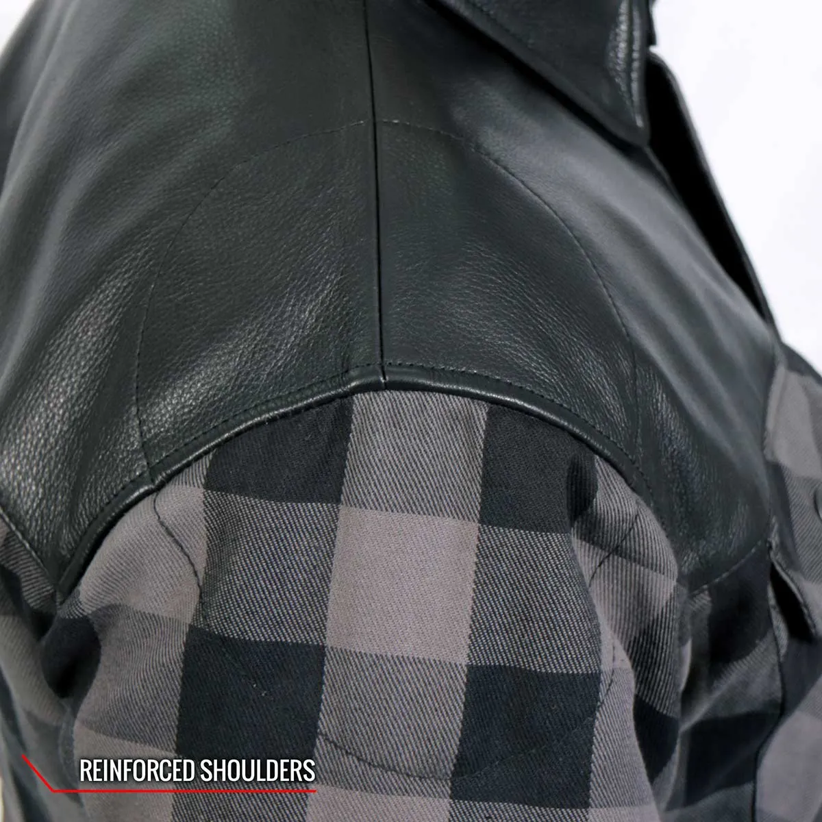 Hot Leathers JKM3203 Men's Grey and Black Kevlar Reinforced Leather and Plaid Flannel Shirt