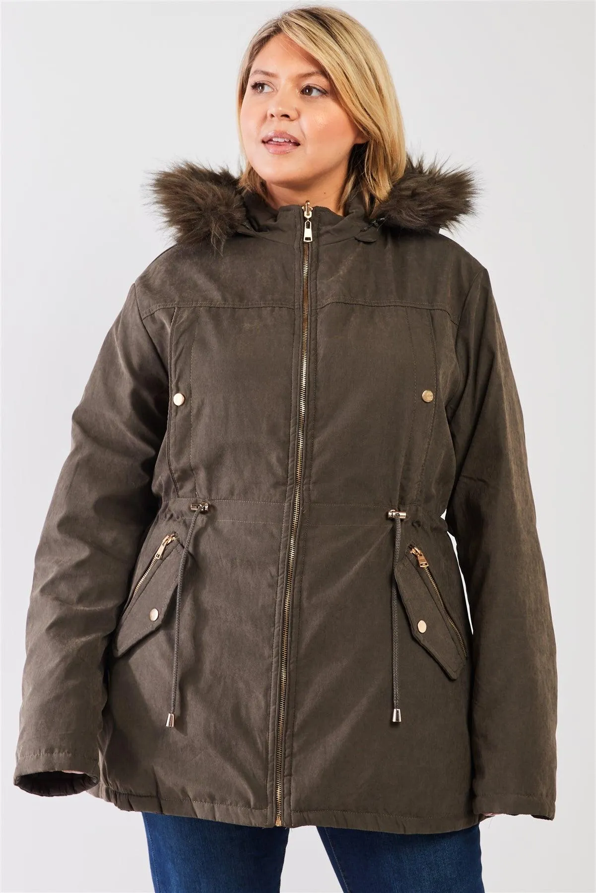 Junior Plus Size Reversible Olive Dyed Vegan Fur Double-Sided Cotton Twill Parka & Puffer Jacket /1-1-1