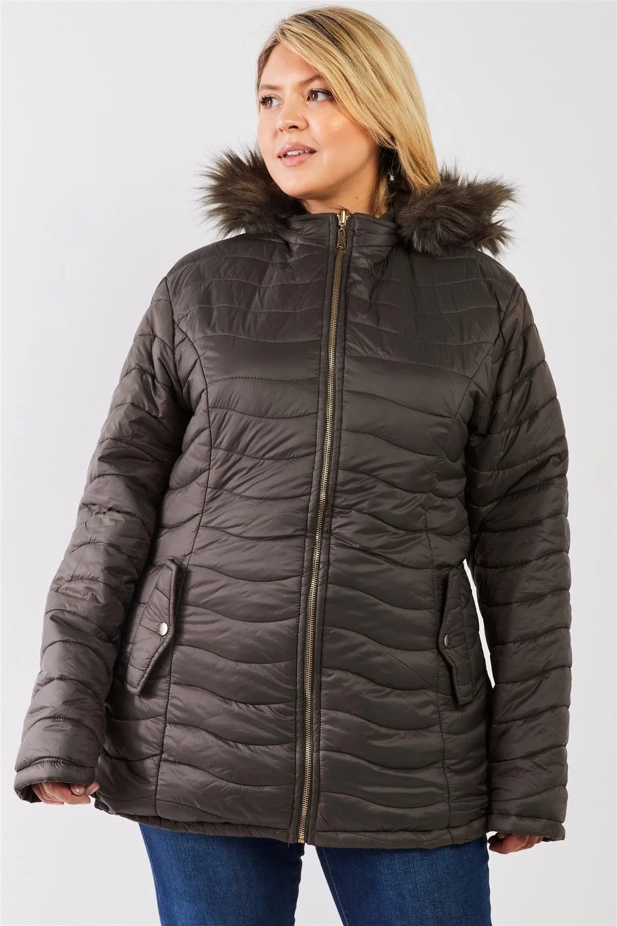 Junior Plus Size Reversible Olive Dyed Vegan Fur Double-Sided Cotton Twill Parka & Puffer Jacket /1-1-1