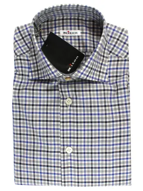 Kiton Dress Shirt White Royal Blue Black Check 40 - 15 3/4