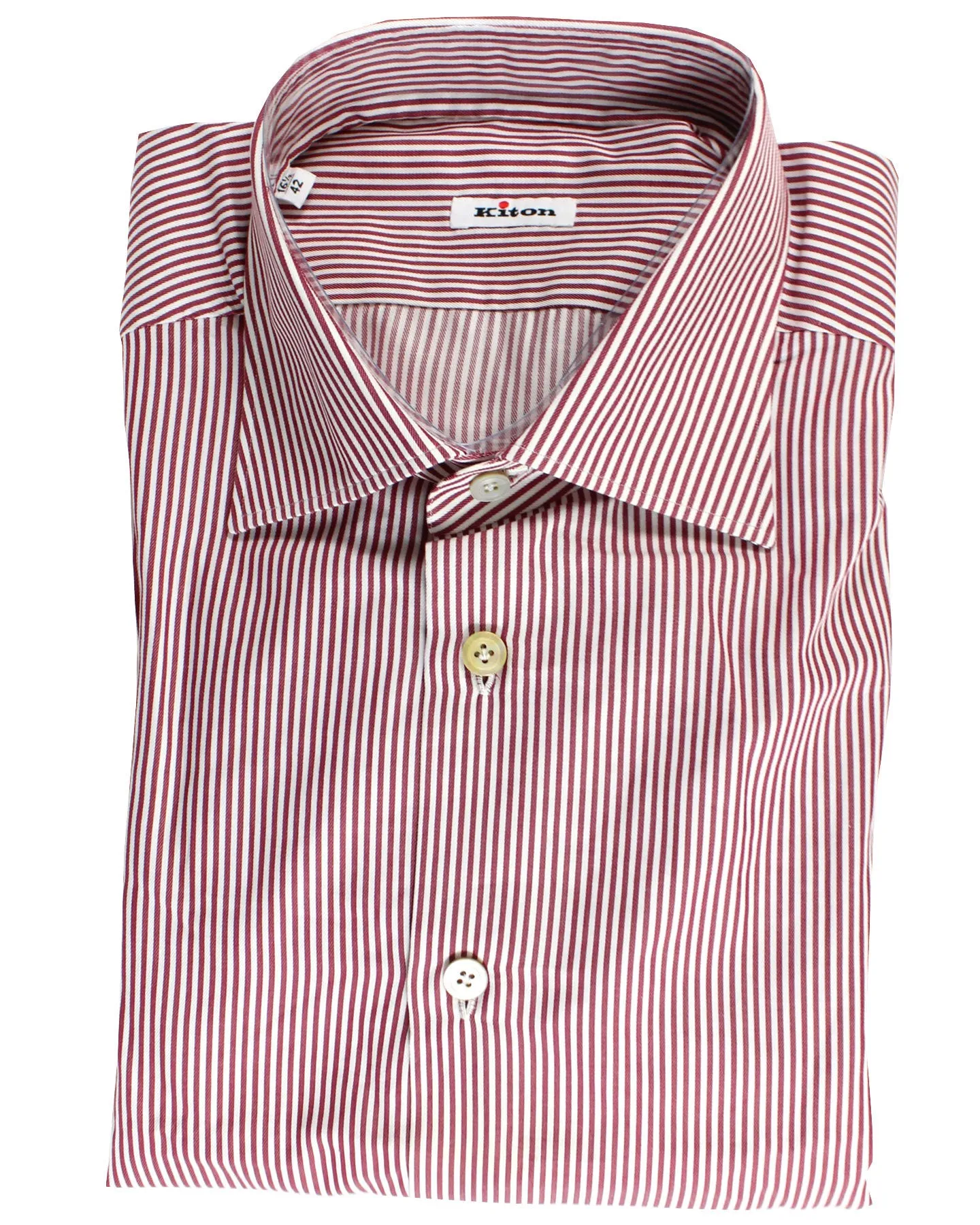 Kiton Shirt White Maroon Stripes 42 - 16 1/2