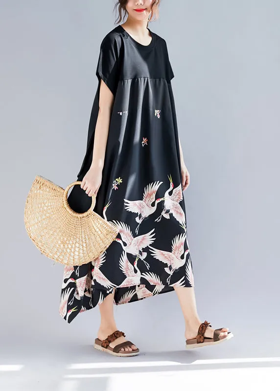 Loose black print linen clothes Plus Size Shirts o neck asymmetric long Summer Dress