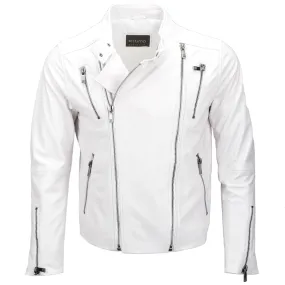 Men White Zipper Pockets and Sleeves Genuine Sheepskin Leather Jacket