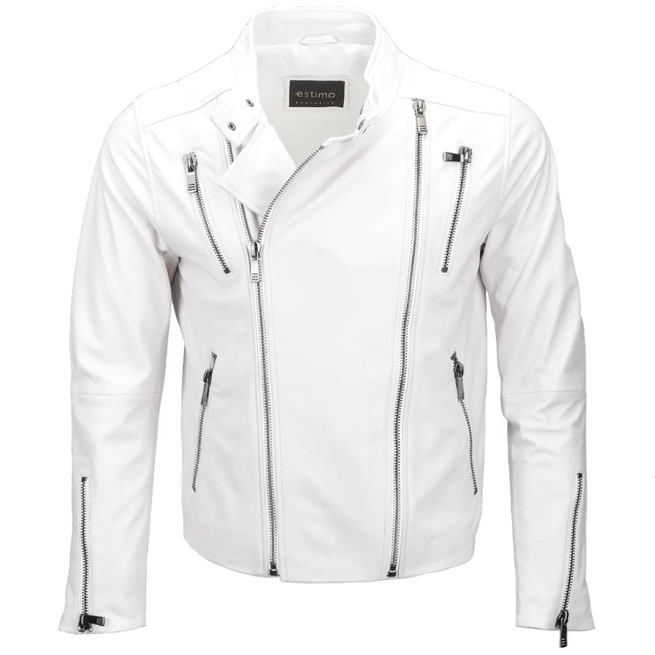 Men White Zipper Pockets and Sleeves Genuine Sheepskin Leather Jacket