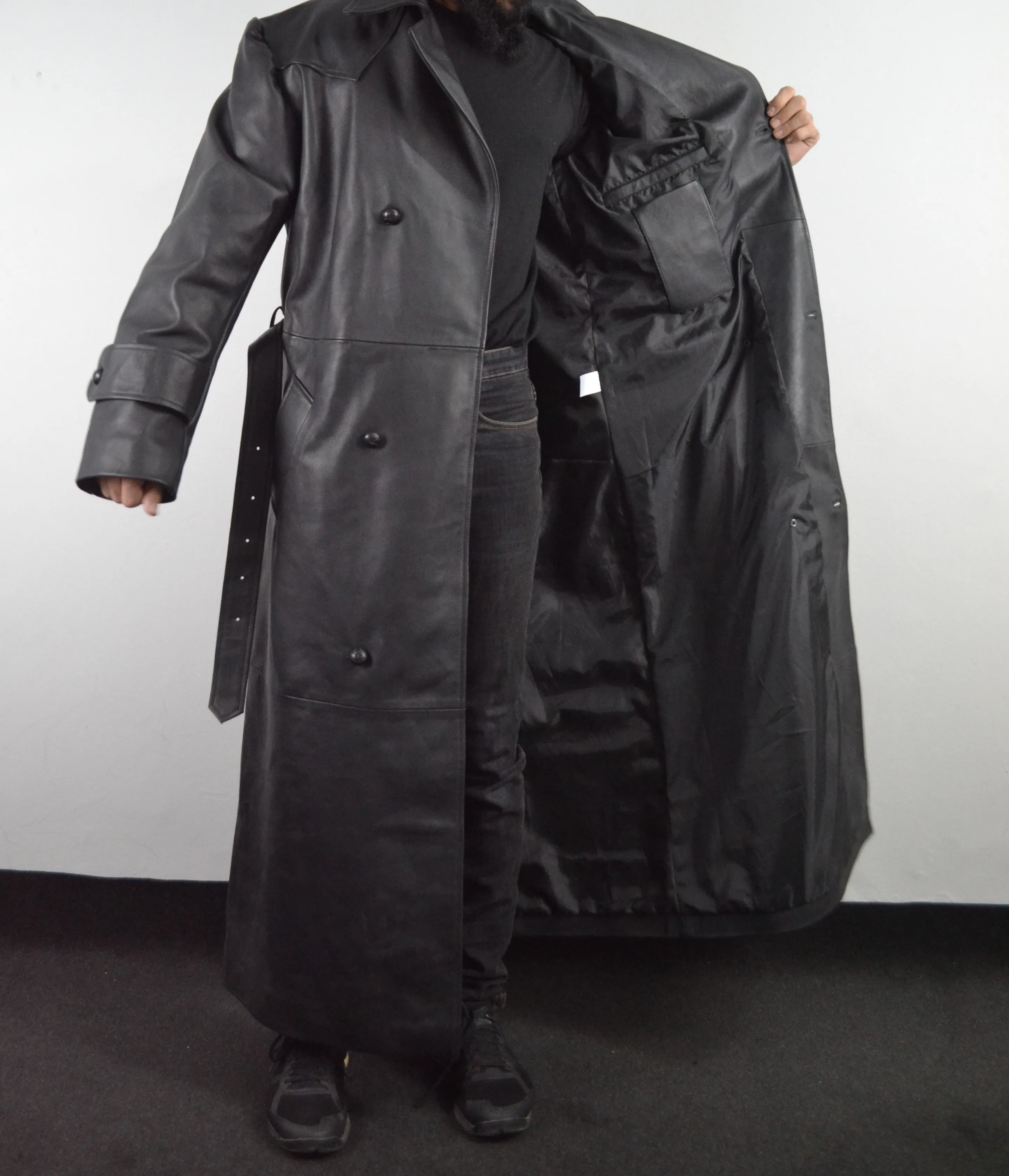 Mens Black Slayer Spike Trench Long Leather Buffy Coat