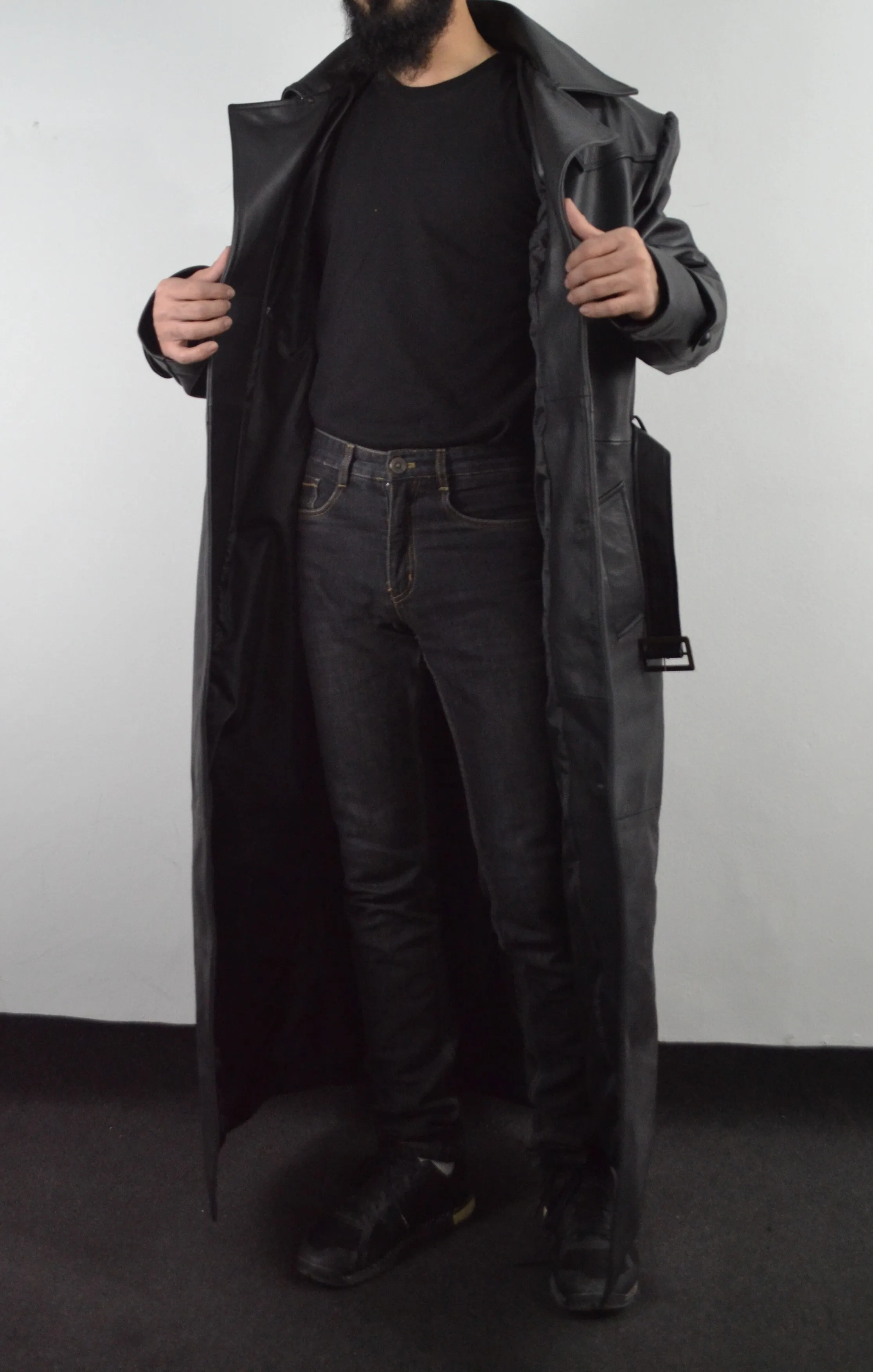 Mens Black Slayer Spike Trench Long Leather Buffy Coat