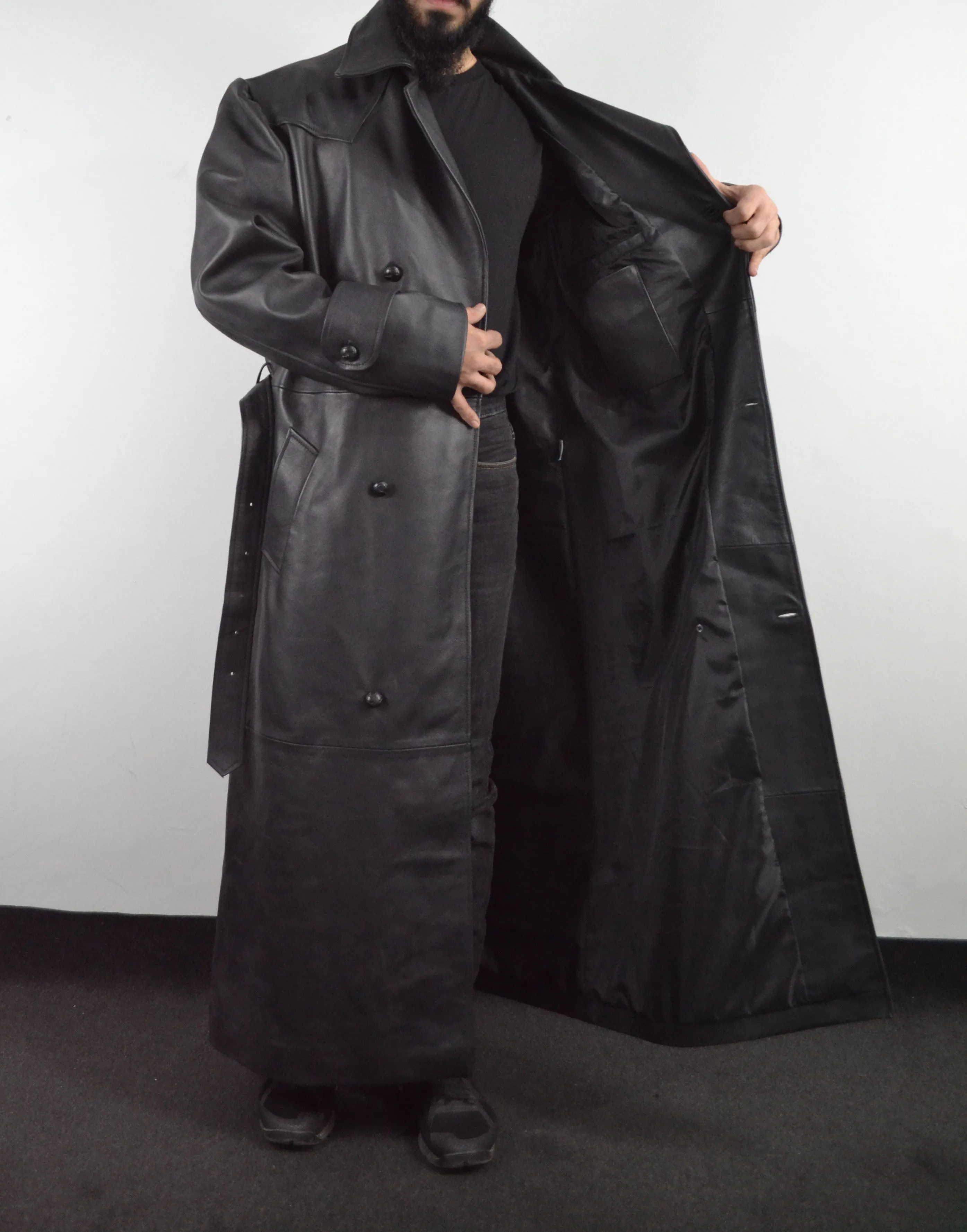 Mens Black Slayer Spike Trench Long Leather Buffy Coat