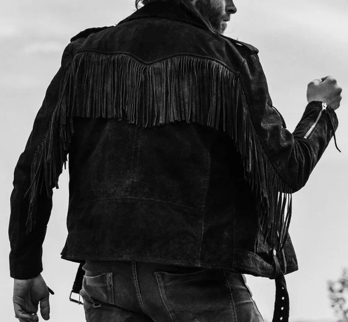 Men's Black Suede Fringe Style Jacket - Western Style Genuine Cow Leather, Tassel Accents, Cowboy Jacket